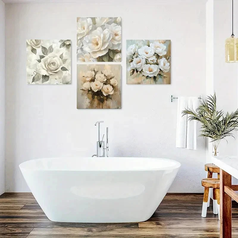 4pcs White Rose Bouquet Oil Painting Wall Art Canvas Framed