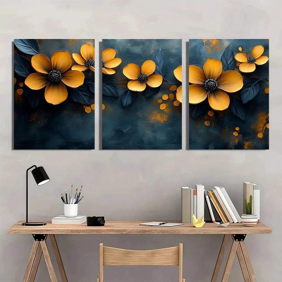 3pcs Vibrant Yellow & Gray Floral Metal Print Ready to Hang Art