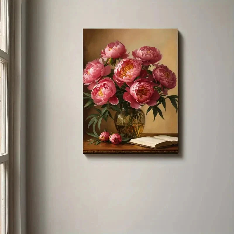 Canvas print of pink peonies in a vase on a wall.