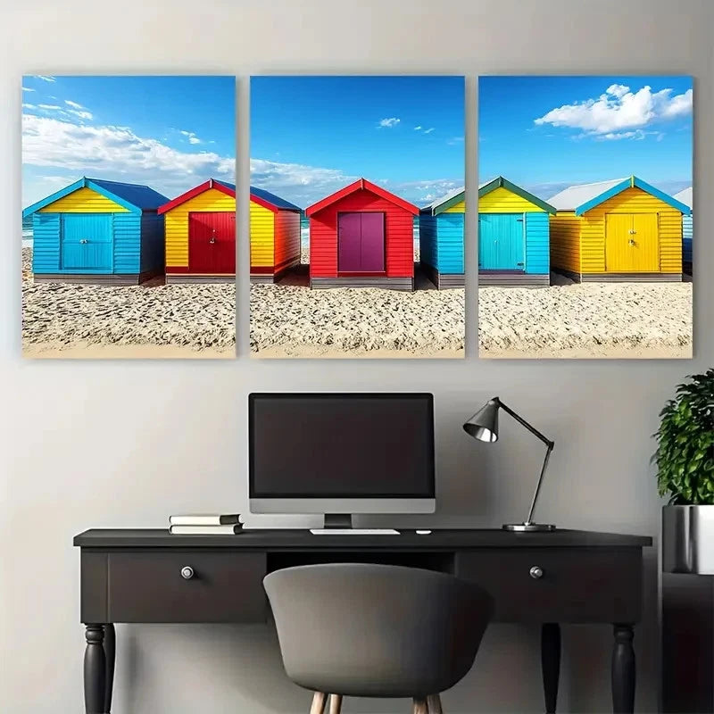 3pcs Vibrant Melbourne Beach Huts Australian Wall Art Set Canvas Framed 60x90cm - High Quality Print 100% Australian Made Wall Canvas Ready to Hang