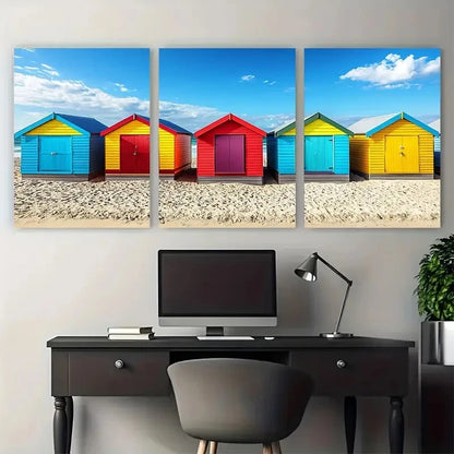 3pcs Vibrant Melbourne Beach Huts Australian Wall Art Set Canvas Framed 60x90cm - High Quality Print 100% Australian Made Wall Canvas Ready to Hang