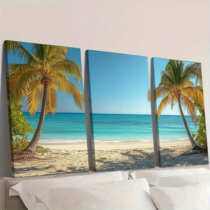 Three-panel canvas print of a tropical beach scene with palm trees.