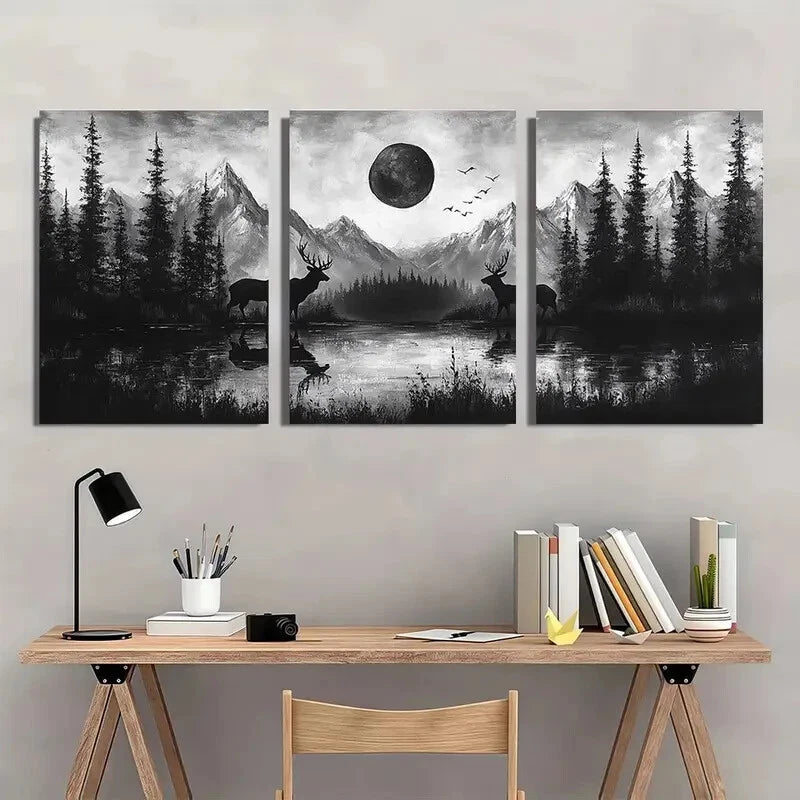3pcs Black and White Full Moon and Mountains Metal Print Ready to Hang Art