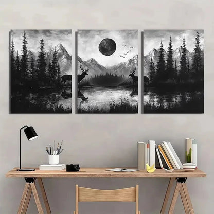3pcs Black and White Full Moon and Mountains Metal Print Ready to Hang Art