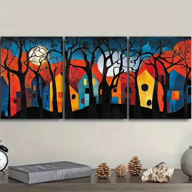 3pcs Mounted Psychedelic House Design Metal Print Ready to Hang Art