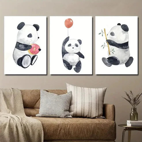 3pcs Adorable Panda with Donut Balloon & Bamboo Wall Art Set Canvas Unframed - High Quality Print 100% Australian Made Wall Canvas