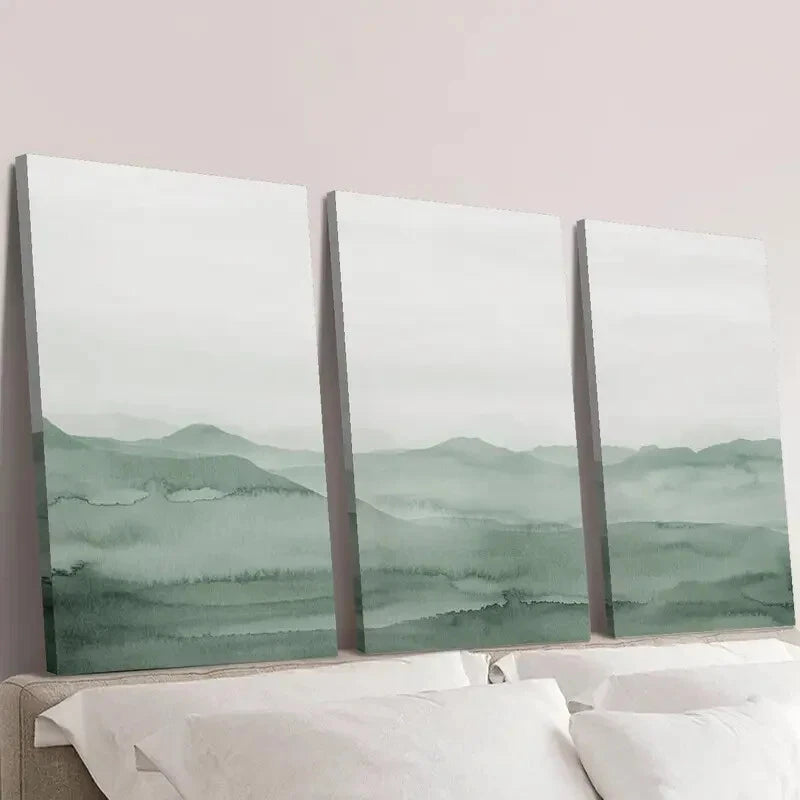 3pcs Sage Green Abstract Landscape Wall Art Set Canvas Framed 50x70cm