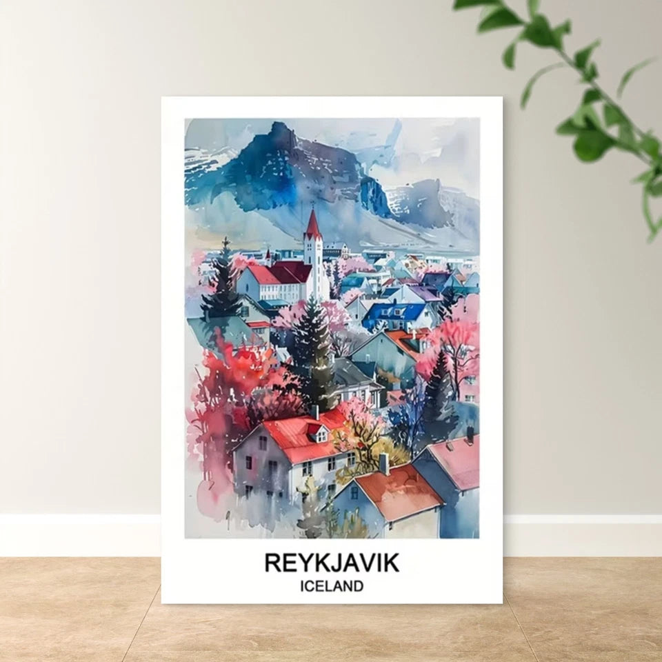 Reykjavik Iceland Map & Cityscape Travel Poster Print Wall Art