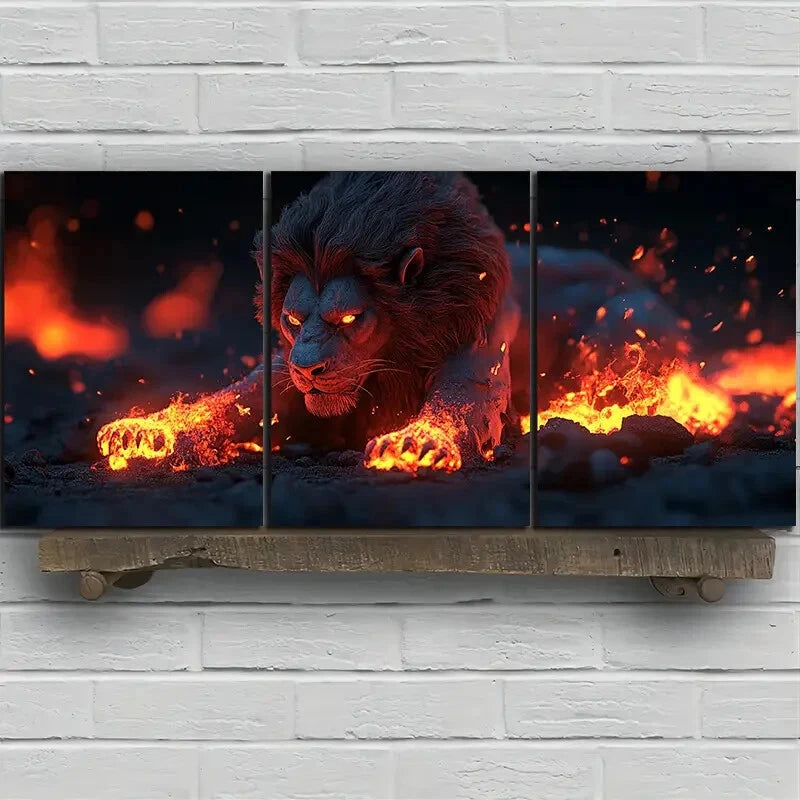 3pcs Abstract Running Lion Fire Effect Metal Print Ready to Hang Art