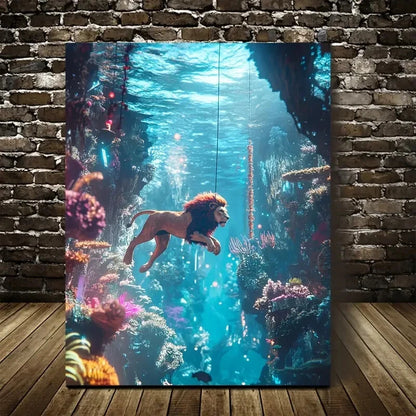 Cyberpunk Lion Swing Underwater Scene 40x60cm Metal Print Ready to Hang