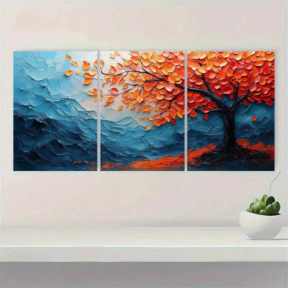 3pcs Modern Abstract Autumn Leaf Tree Metal Print Ready to Hang Art