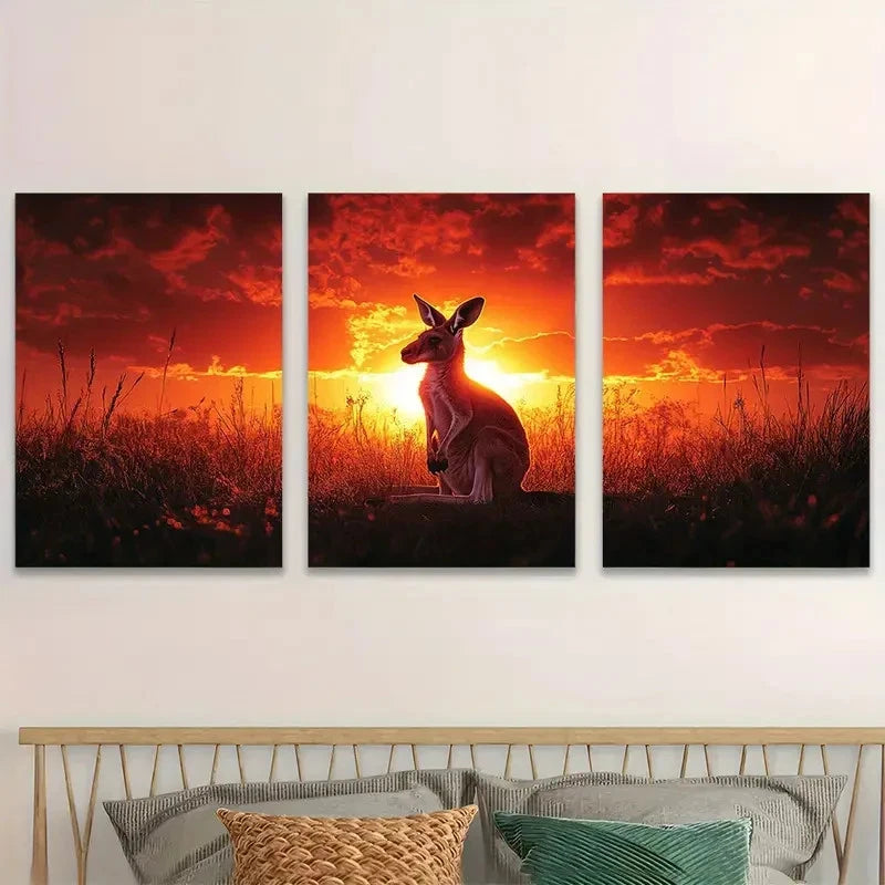 3pcs Kangaroo Silhouette Sunset Australian Wall Art Set Canvas Framed 40x60cm - High Quality Print 100% Australian Made Wall Canvas Ready to Hang