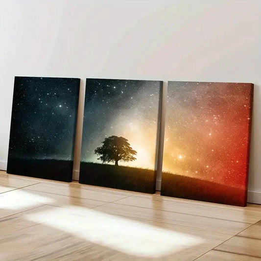 3pcs Trees Under The Stars Night View Wall Art Set Canvas Framed 40x60cm - High Quality Print 100% Australian Made Wall Canvas Ready to Hang