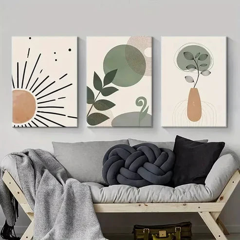 3pcs Green Bohemian Abstract Art with Golden Wall Art Set Canvas Unframed - High Quality Print 100% Australian Made Wall Canvas