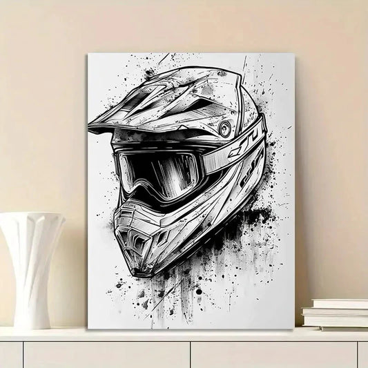 Black And White Drawing Motorcycle Helmet 40x60cm Metal Print Ready to Hang