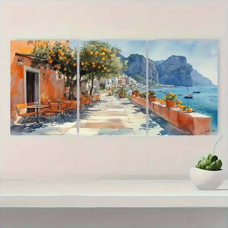 3pcs Italian Cityscape Lemon Tree Perfect Wall Art Set Canvas Framed 40x60cm - High Quality Print 100% Australian Made Wall Canvas Ready to Hang