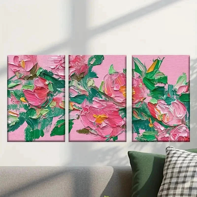 3pcs Vibrant Pink Flowers and Green Leaves Wall Art Set Canvas Framed 40x60cm - High Quality Print 100% Australian Made Wall Canvas Ready to Hang