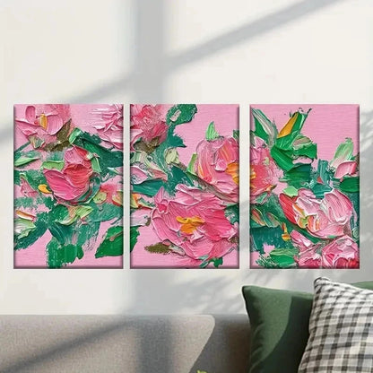 3pcs Vibrant Pink Flowers and Green Leaves Wall Art Set Canvas Framed 40x60cm - High Quality Print 100% Australian Made Wall Canvas Ready to Hang