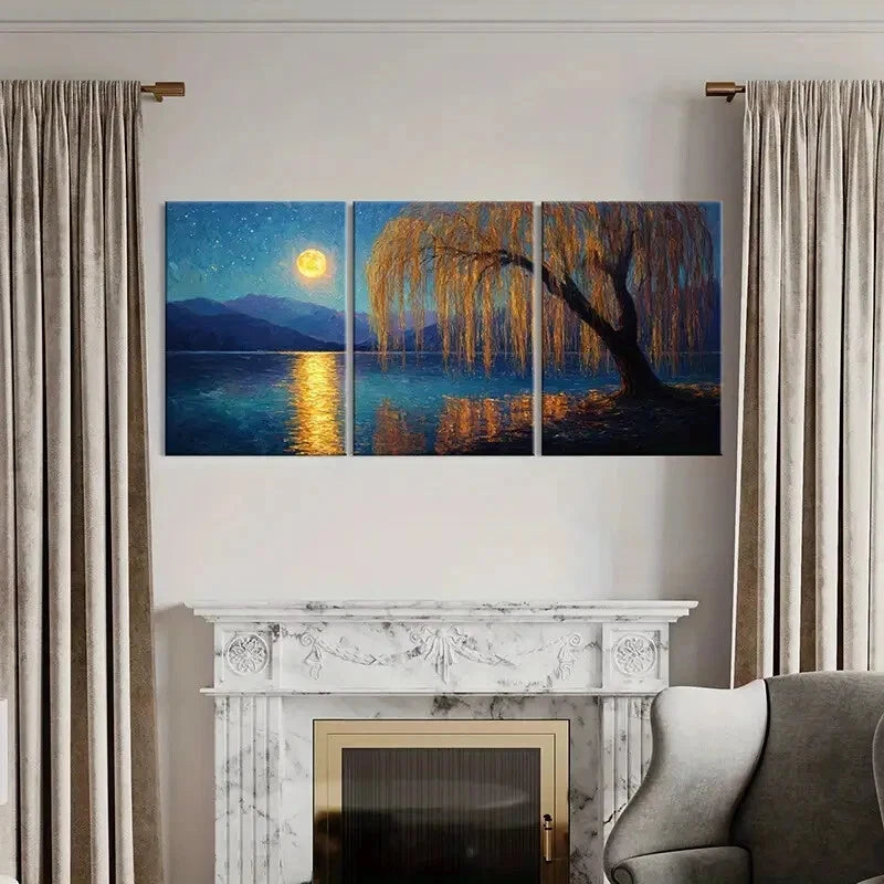 3pcs Moonlit Willow Reflection Night Sky Metal Print Ready to Hang Art