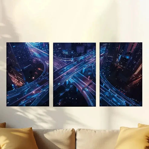 3pcs Night Cityscape with Blue & Purple Lights 40x60cm - High Quality Print 100% Australian Made Wall Canvas Ready to Hang