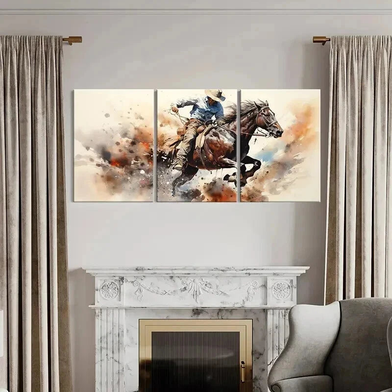 3pcs Abstract Animal Art Cowboy Horse Retro Wall Art Set Canvas Framed 40x60cm - High Quality Print 100% Australian Made Wall Canvas Ready to Hang