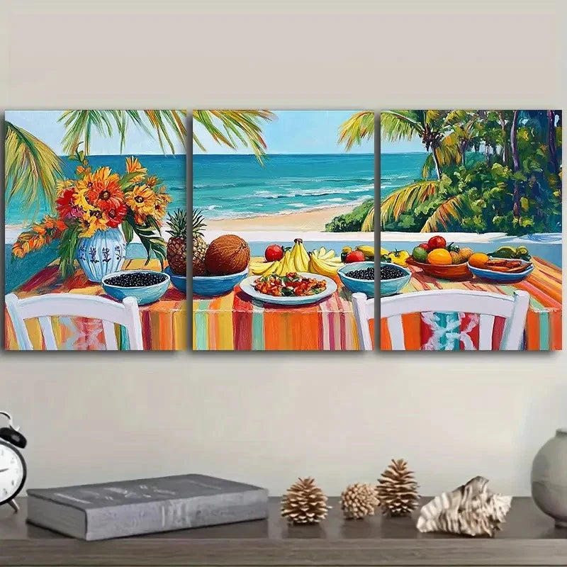 3pcs Tropical Serenity Still Life Painting Wall Art Set Canvas Framed 50x70cm - High Quality Print 100% Australian Made Wall Canvas Ready to Hang