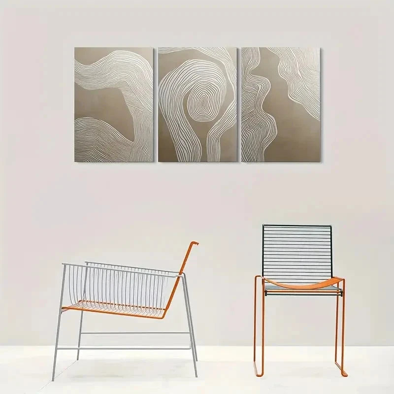 3pcs Modern Abstract Beige and White Metal Print Ready to Hang Art