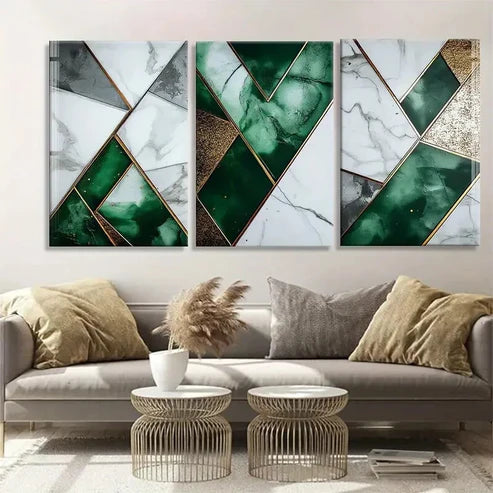 3pcs Green Marble and White Geometric Perfect Wall Art Canvas Unframed - High Quality Print 100% Australian Made Wall Canvas