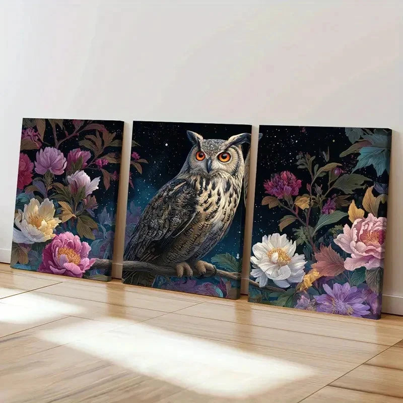 3pcs Owl Floral Design Night Sky Decor  Wall Art Set Canvas Framed 60x90cm - High Quality Print 100% Australian Made Wall Canvas Ready to Hang