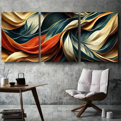 3pcs Vibrant Orange Blue & Cream Curves Metal Print Ready to Hang Art