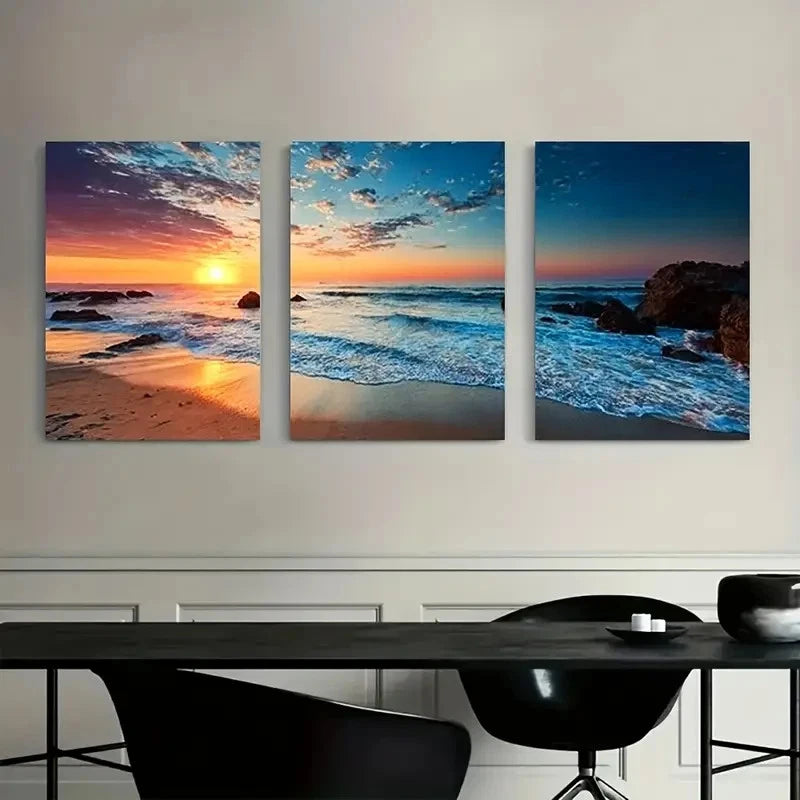 3pcs Sunset Beach Waves Poster Metal Print Ready to Hang Art