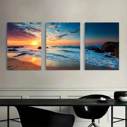 3pcs Sunset Beach Waves Poster Metal Print Ready to Hang Art