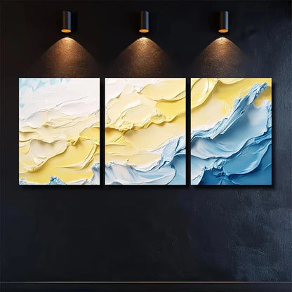 3pcs Oummer Ocean Wave Lemon Yellow & Sky Blue Metal Print Ready to Hang Art