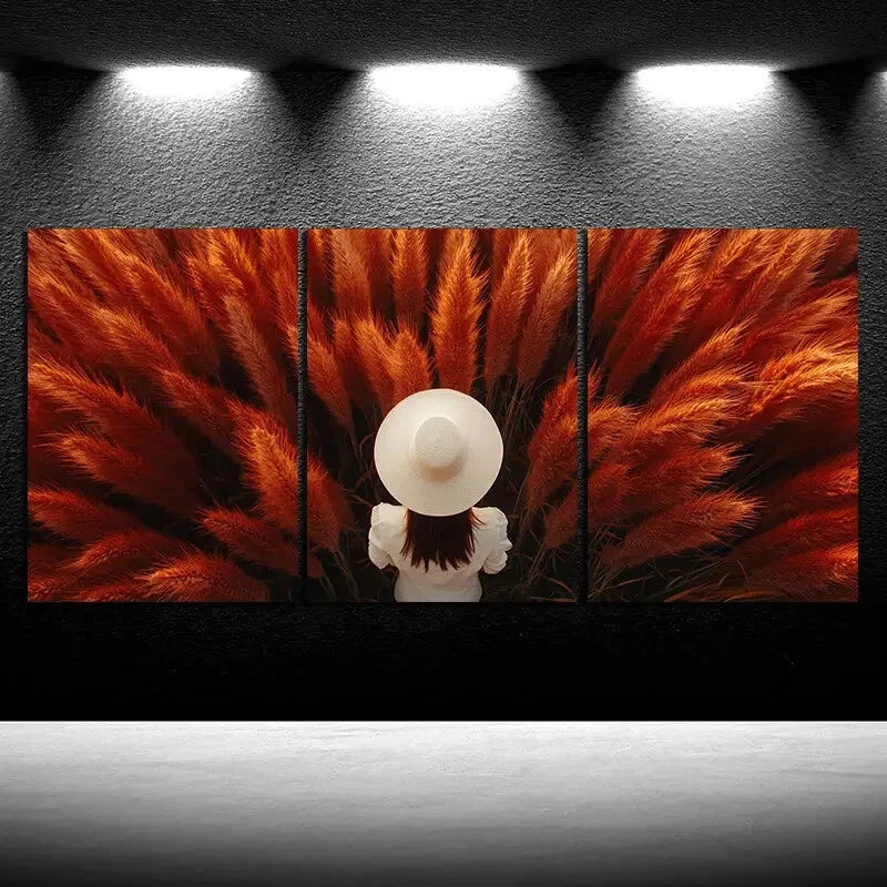 3pcs Abstract Grass Straw Hat Modern Metal Print Ready to Hang Art