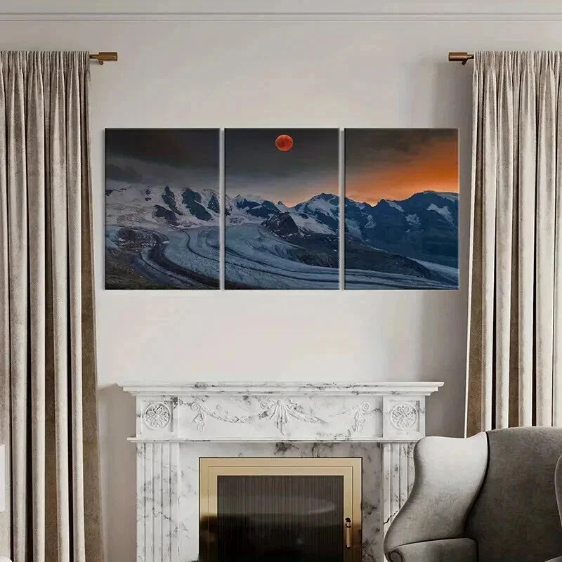 3pcs Red Moon and Snow Mountains Landscape Wall Art Set Canvas Framed 40x60cm - High Quality Print 100% Australian Made Wall Canvas Ready to Hang
