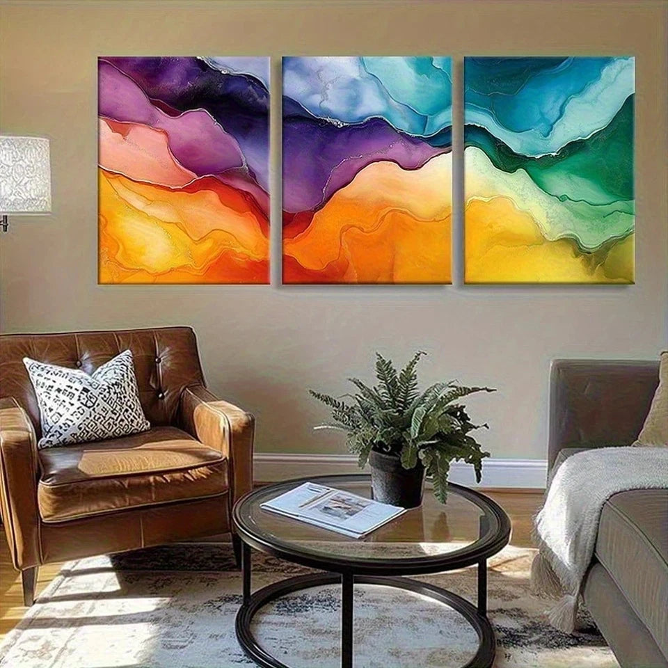 Colorful abstract wall art in a living room setting with a brown armchair and coffee table.