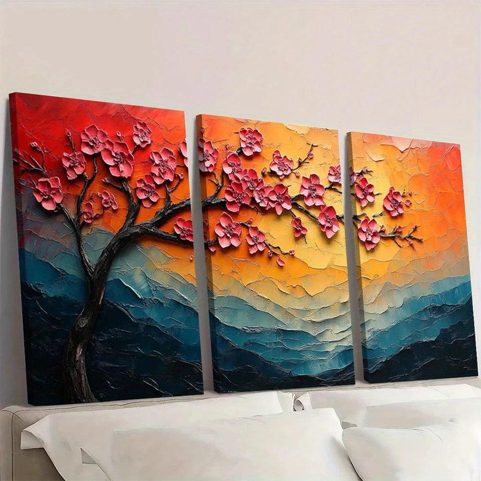 3pcs Textured Cherry Blossom Sunset Wall Art Set Canvas Framed 50x70cm - High Quality Print 100% Australian Made Wall Canvas Ready to Hang