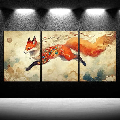 3pcs Beautiful Jumping Red Fox Metal Print Ready to Hang Art