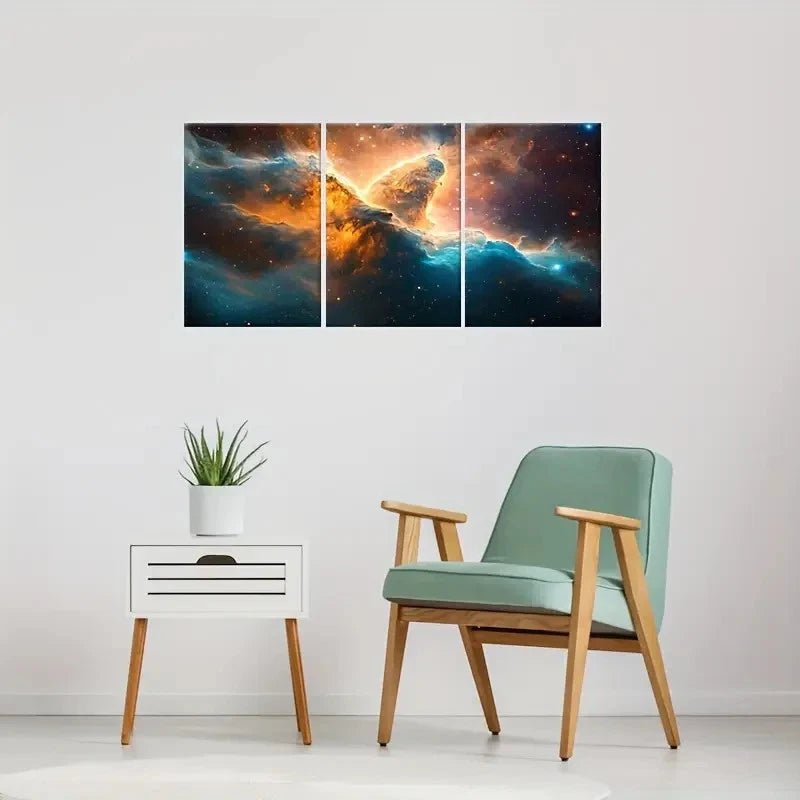 3pcs Galaxy Nebula Painting Golden Metal Print Ready to Hang Art