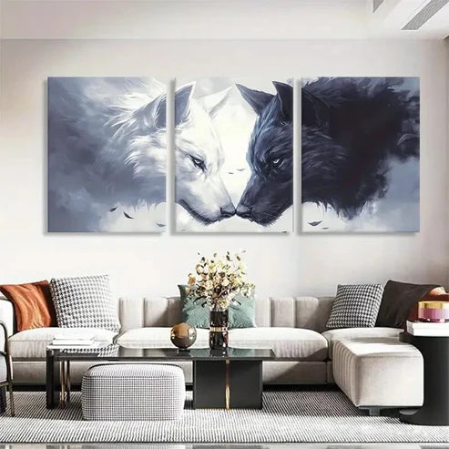 3pcs White and Black Wolf Face Abstract Perfect Wall Art Canvas Unframed – High Quality Print 100% Australian Made Wall Canvas