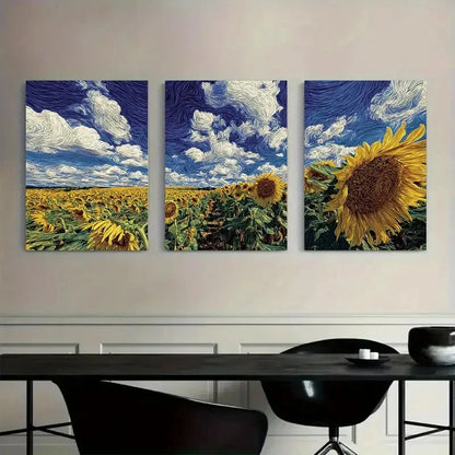Three paintings of sunflower fields and a close-up of a sunflower on a wall above a modern black dining table.