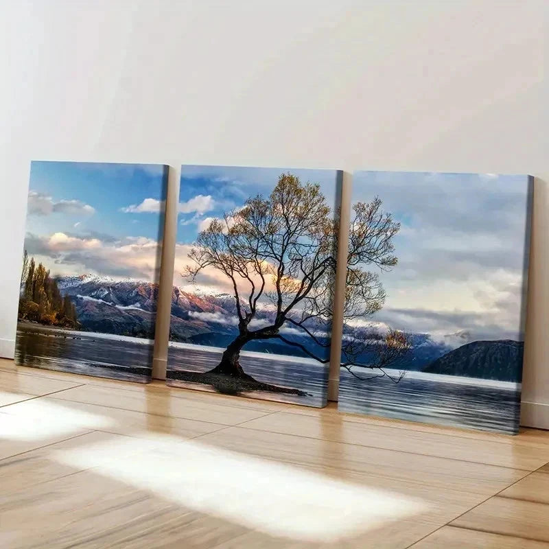 3pcs Blue Sky White Clouds and Trees Wall Art Set Canvas Framed 40x60cm - High Quality Print 100% Australian Made Wall Canvas Ready to Hang