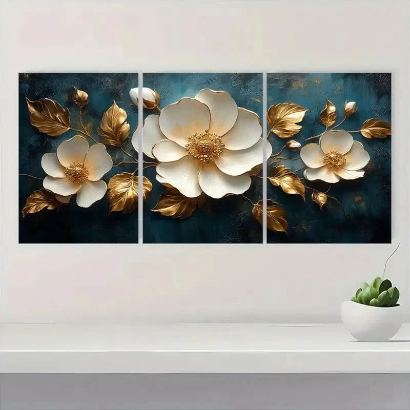 3pcs Elegant Golden Floral Vintage White & Golden Metal Print Ready to Hang Art