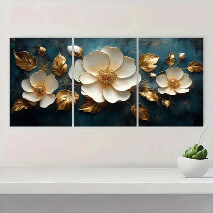 3pcs Elegant Golden Floral Vintage White & Golden Metal Print Ready to Hang Art