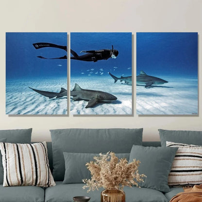 3pcs Underwater Adventure Diver and Sharks Metal Print Ready to Hang Art