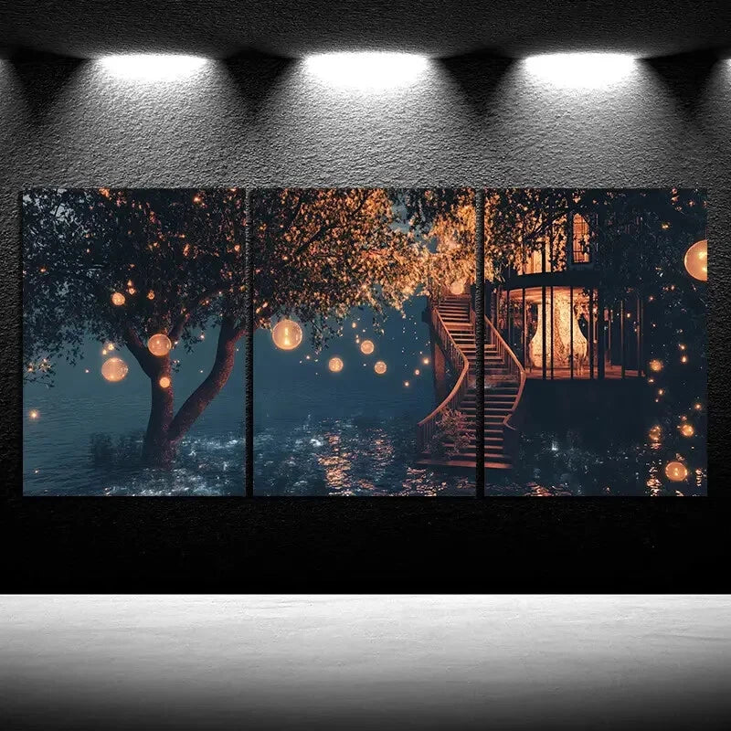 3pcs The Glass House by the River Metal Print Ready to Hang Art