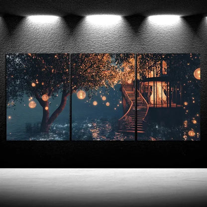 3pcs The Glass House by the River Metal Print Ready to Hang Art