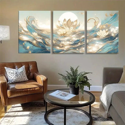 3pcs Elegant Soft Blue and Golden Tones Perfect Wall Art Set Canvas Framed 40x60cm - High Quality Print 100% Australian Made Wall Canvas Ready to Hang