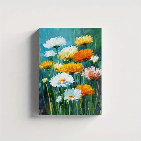 White & Yellow Daisies On Blue Background 60x90cm Metal Print Ready to Hang
