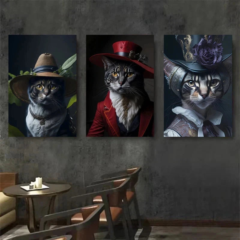 Three framed pictures of cats wearing hats on a wall above a seating area.